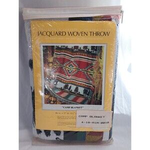 Vtg Jacquard Woven Camp Blanket 46" X57" Southwestern Pattern Throw Double Layer